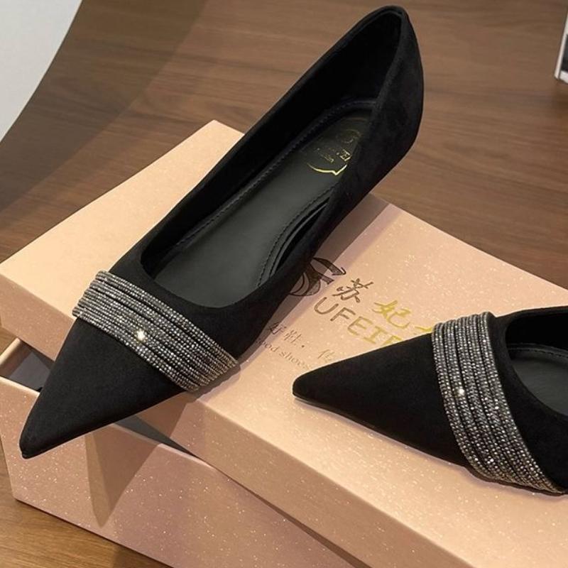 Faux Suede Rhinestone Brand Luxury Heels Summer Fashion Pointed Toe Shallow Women Pumps Elegant Wedding Bridal Shoes for Ladies