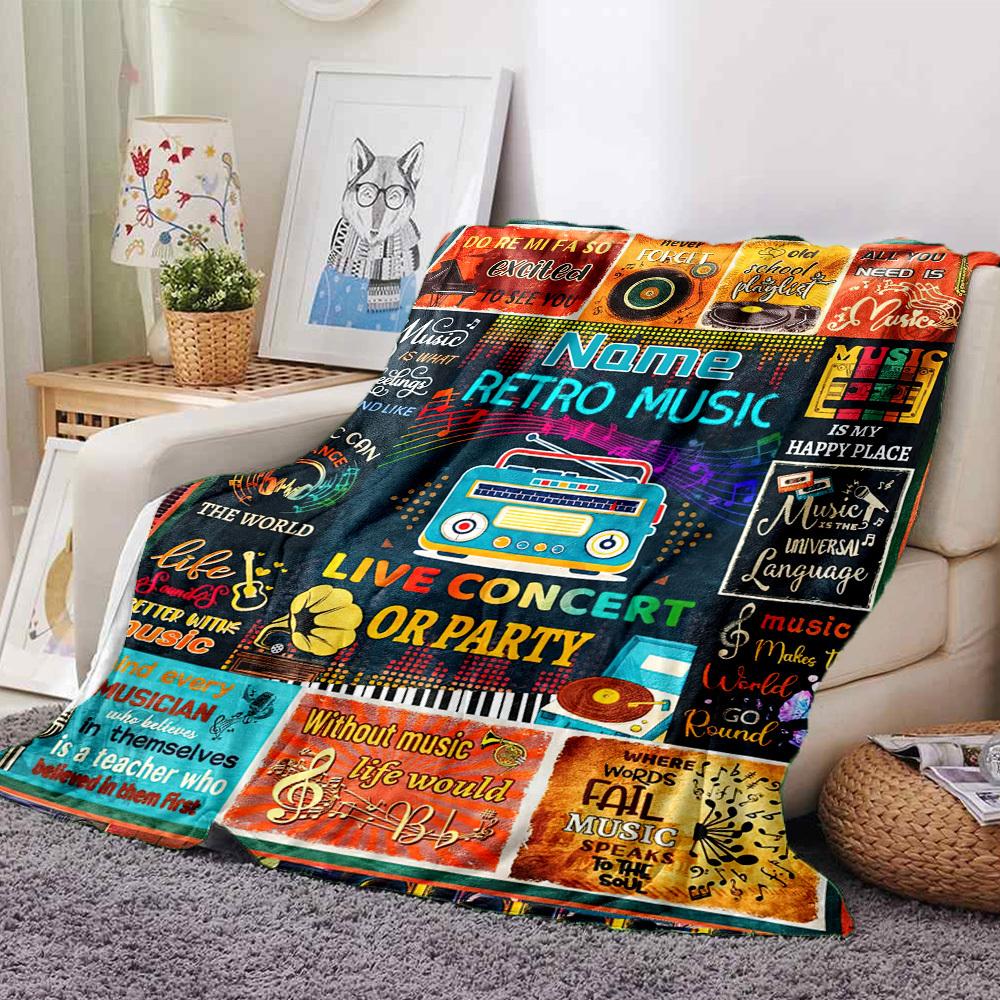 Retro Music Vintage Radio And Vinyl Records Cozy Blanket Customize Your Name Durable Comfort For Sofa Couch Office Bed Picnics For All Occasions Cozy