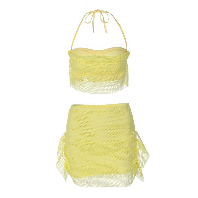 

Women s Clothing Fashion Vacation Style Patchwork Halterneck Straps Tulle Yellow L