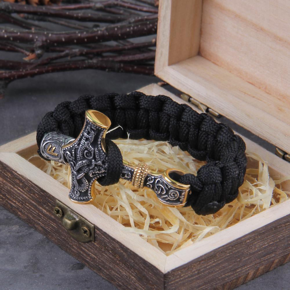 Stainless Steel Viking Mjolnir Leather Bracelet Thor Hammer Wristband Norse Mythology Runes Jewelry Gift With Wooden Box