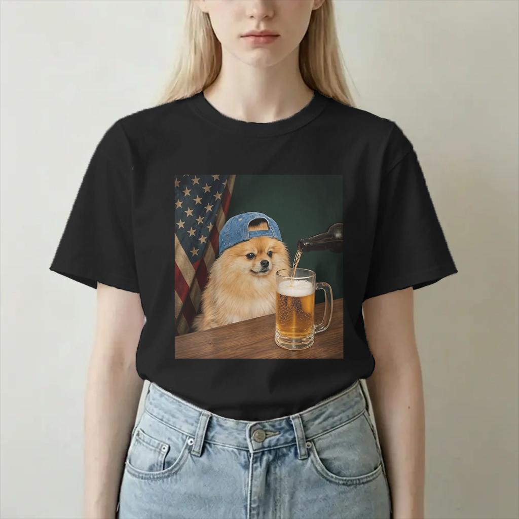 Unisex Unisex T-Shirt Lustiger Patriotischer Zwergspitz Hund Trinkt Bier Amerikanische Reine Baumwolle T-Shirts Rundhals Kleidung Große Größen