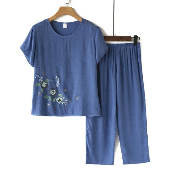 2Pcs/Set Middle-aged Mother Casual Top Cropped Pants Set Print Flower Print O-neck Short Sleeve Pleated Elastic Waist Wide Leg Daily Outfit