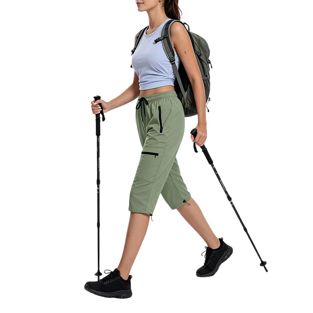 Women's Outdoor Hiking Pants Lightweight Quick Dry Capri Cargo Trousers Elastic Waist Adjustable Drawstring Outdoor Sports Pants