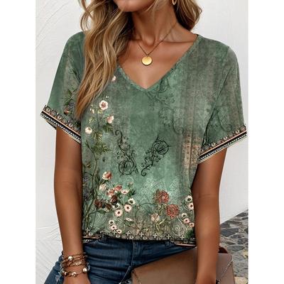 Blouse Graphique Dégradé d'Été Col en V Mode Vêtements Rétro pour Femmes T-shirt à Imprimé Floral T-shirt Ample