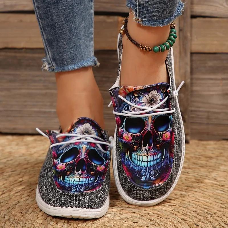 Fashion Shoes for Women 2024 New Autumn Skull Print Women Canvas Sports Shoes Light and Comfortable Women's Flat Shoes Zapatos De Mujer