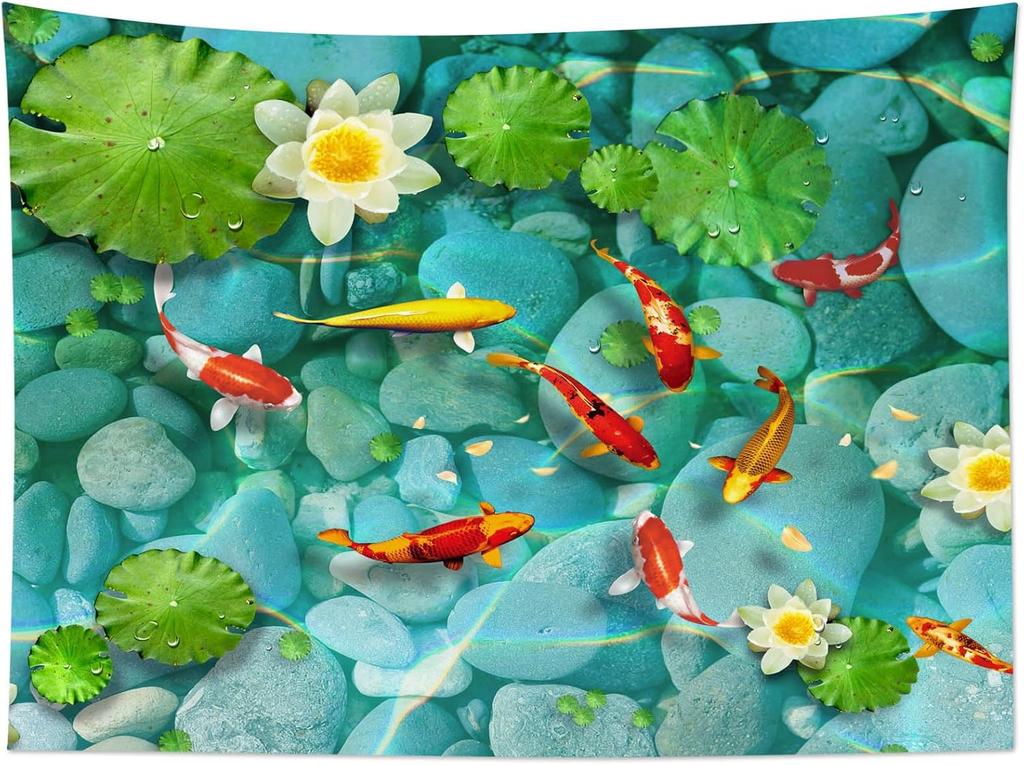 Fish Tapestry Japanese Carp in Lotus Pond Tapestry Wall Hanging Flower and Green Leaf Botanical Wall Art for Bedroom Living Room