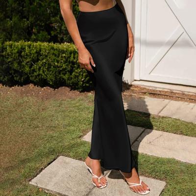 Women Elegant Faux Silk Satin Skirt High Waist Fishtail Skirt A-Line Solid Color Glossy Office