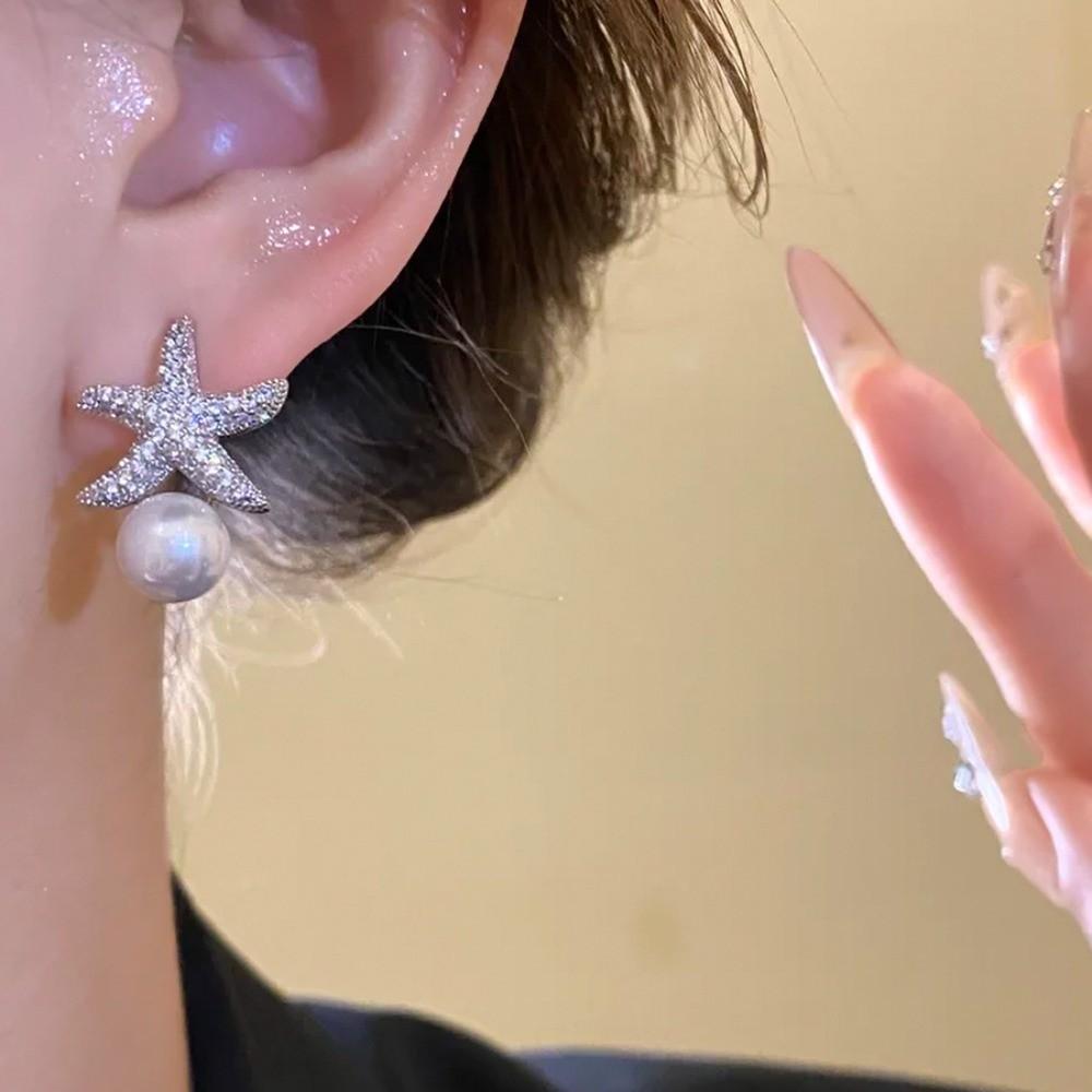 Zircon Korean Style Earrings Crystal Starfish Ear Studs Elegant Starfish Pearl Stud Earrings  Women