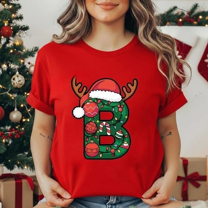 Festive Christmas Alphabet Letter Santa Hat Print Tshirt for Women Fashion T Shirt Streetwear Female Clothes Casual clothing