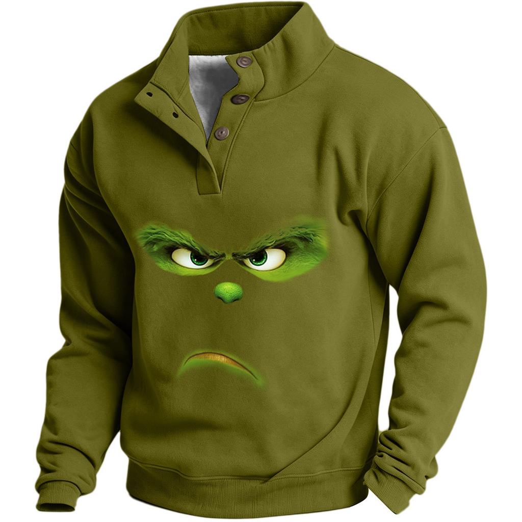 Men's Christmas Print Sweatshirt with Button Placket Casual Pullover