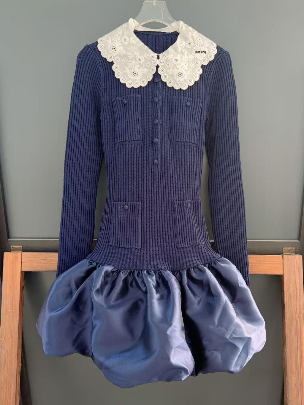 

2025SP Elegant Color Block Patchwork Dress with Detachable Doll Collar & Knit Waist Medium темно-синий