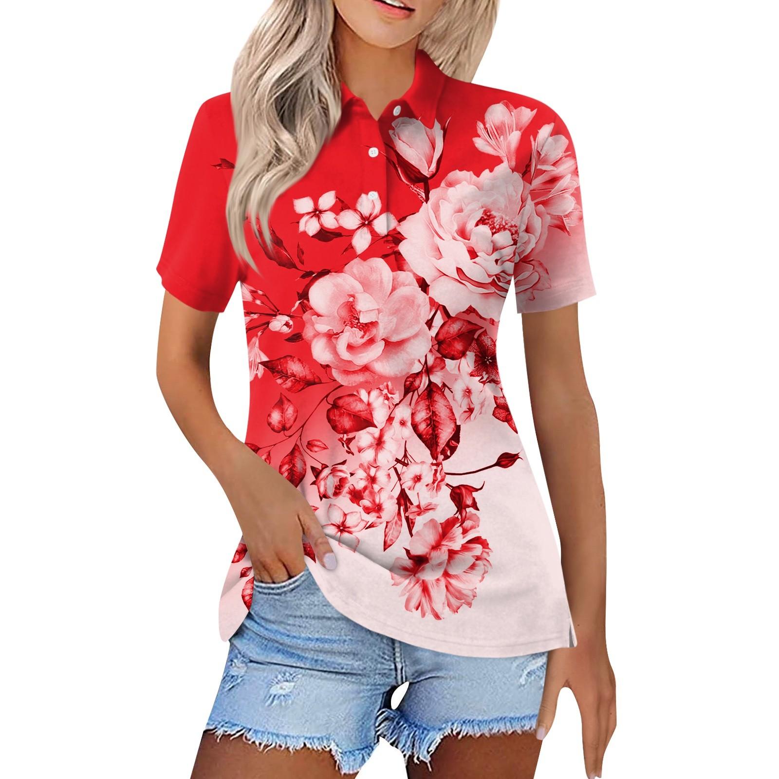 

Женская модная повседневная рубашка с отворотом и коротким рукавом с цветочным принтом, женские топы на пуговицах XXXL красный