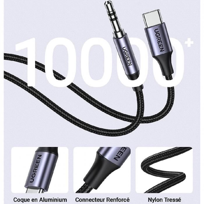 Câble audio - UGREEN - Type-C / Jack 3,5mm - Nylon Tréssé - 1M - Blanc