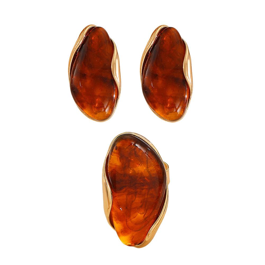 Maillard Style Irregular Resin Alloy Earrings Retro Coffee Color Electroplated Fashionable Women s Jewelry Ring Set Accessories