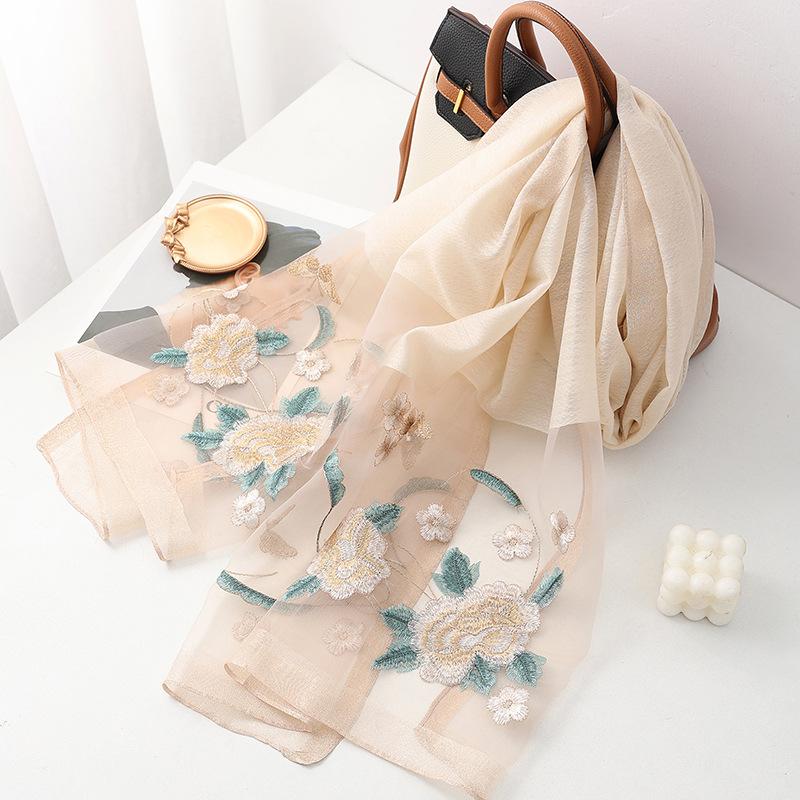 

Silk wool scarf women hijab pashmina shawls wrap Luxury Bandana Blanket Floral Pashmina Embroidery Scarves Foulard high quality 70x200cm