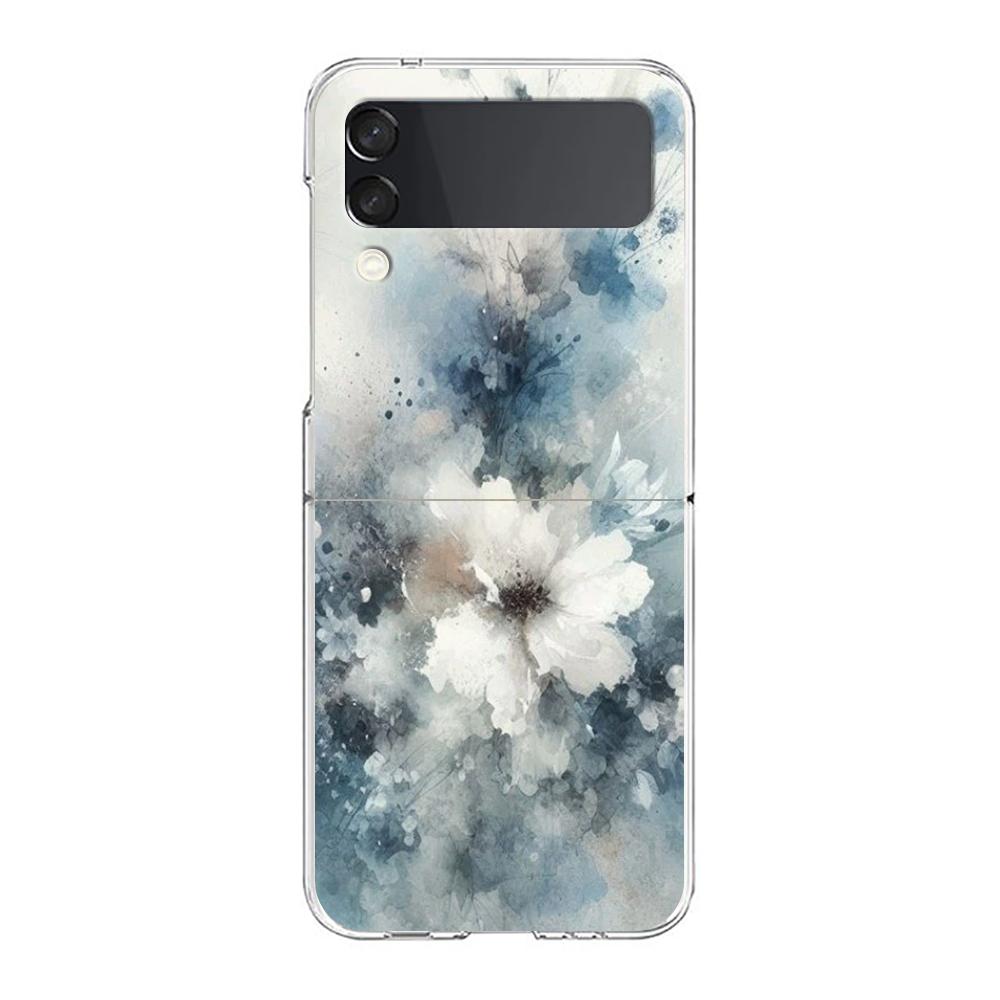 Transparent Phone Case For Samsung Galaxy Z Flip 3 4 5 6 7 Hard Folding PC Z Flip3 Flip4 Cover Ink Wash Painting Flower