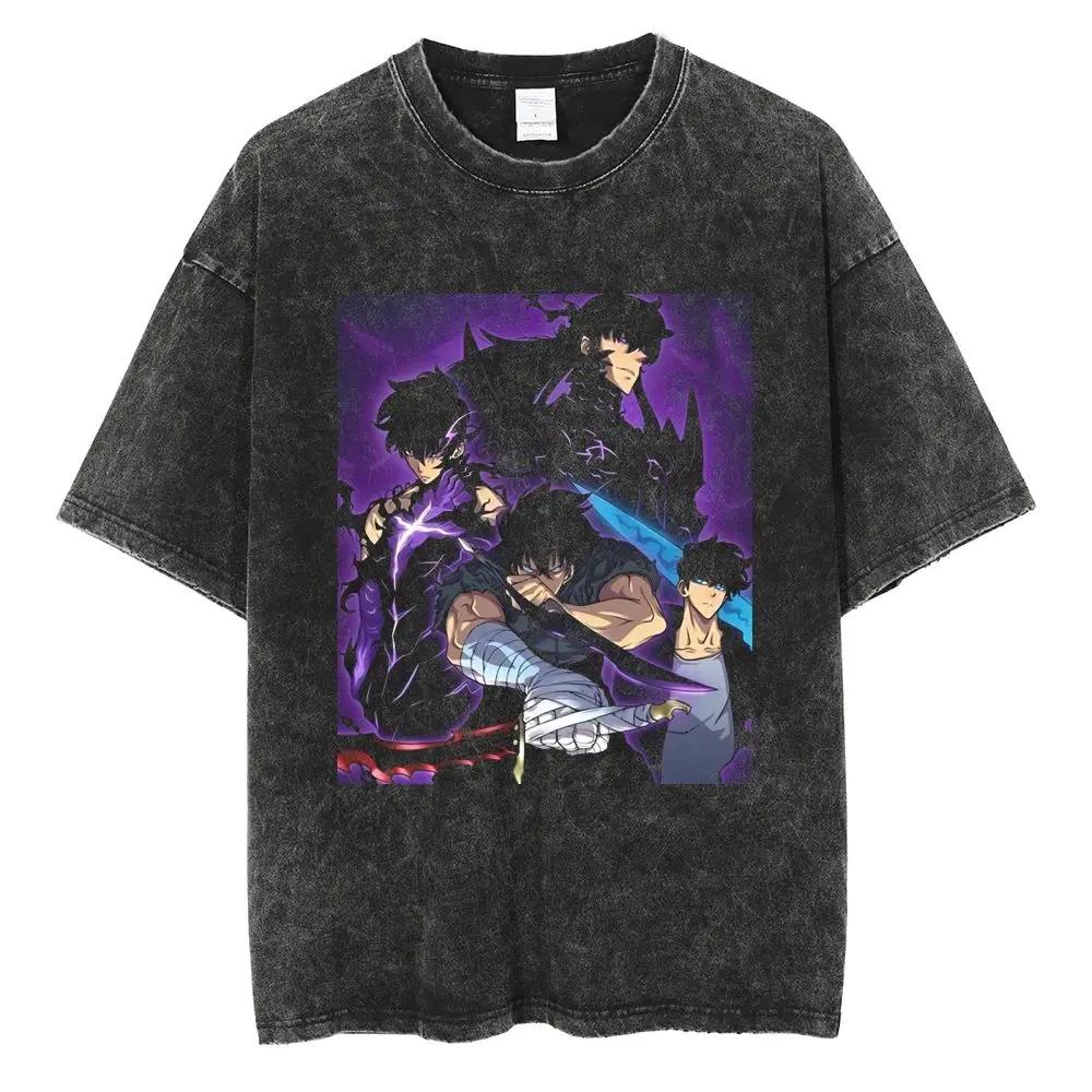 Hot Summer Anime Solo Leveling Sung Jin Woo Print T-shirt Women High Quality Washed Cotton T-shirts Harajuku Plus Size T Shirt