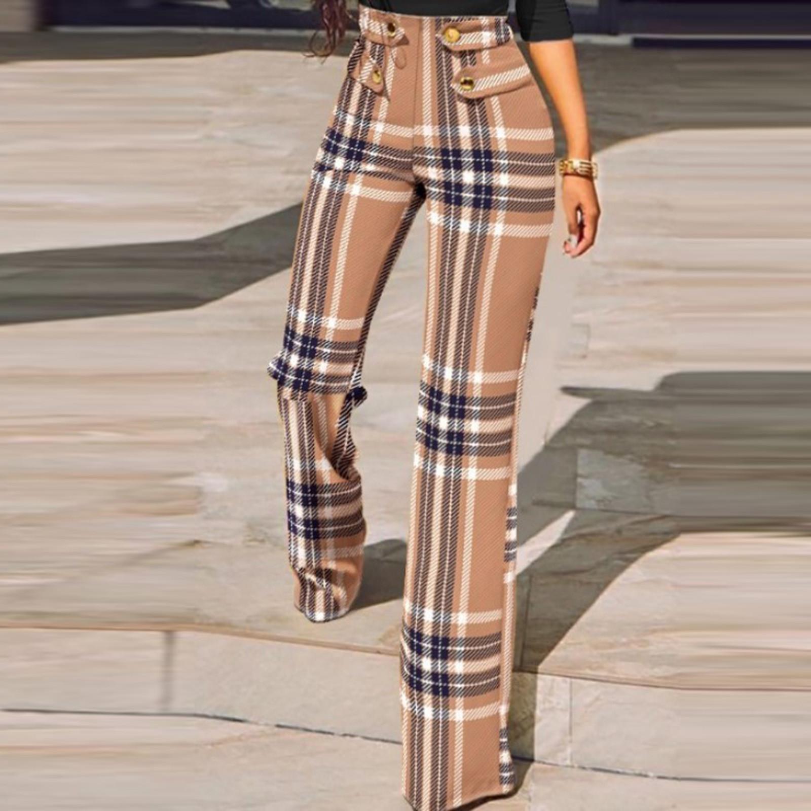 

Жіночі модні повсякденні шотландські брюки з принтом на ґудзиках. Прямі приталені штани L коричневий