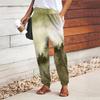 Women Forest Printing Pants Lace Up Elastic Waist Loose  Trousers Casual Long Pants Trousers with Pockets