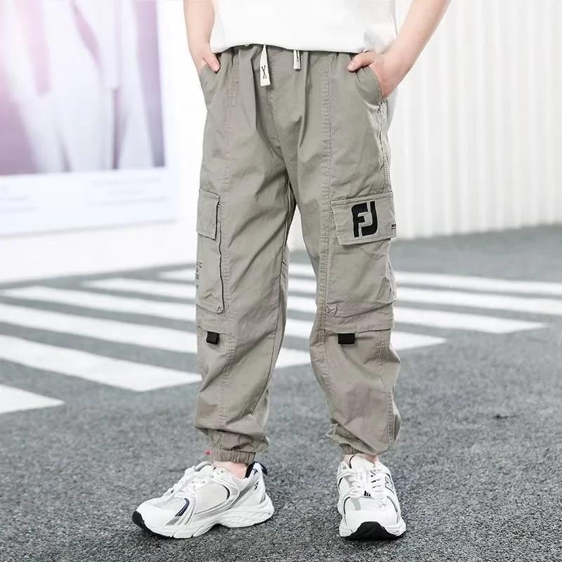 

Boys Trendy Loose-Fit Spring/Autumn Overalls with Large Pockets & Cuffed Ankles - Casual Children s Fashion Sports Pants 130 cm хаки