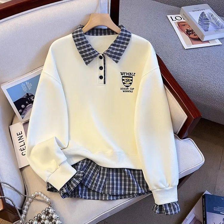 Women's Plaid Patchwork Polo Collar Hoodie - 2025 Niche Loose-Fit Autumn/Winter Top