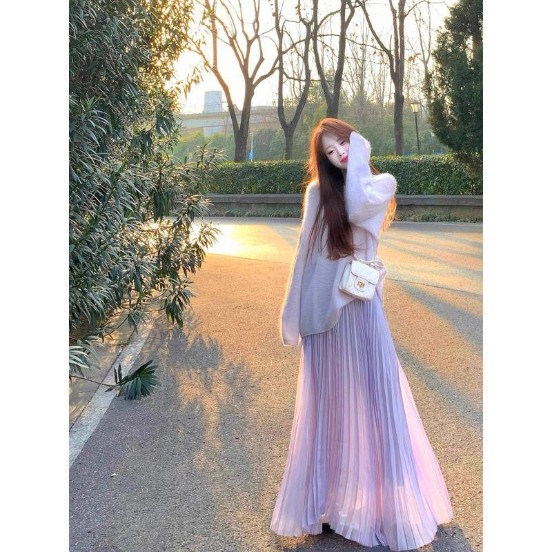 

Spring Elegant Wear High-Grade Purple Thin Sweater Women clothes Loose Idle Style Long sleeve Gentle Knitted Top Purple Tops S