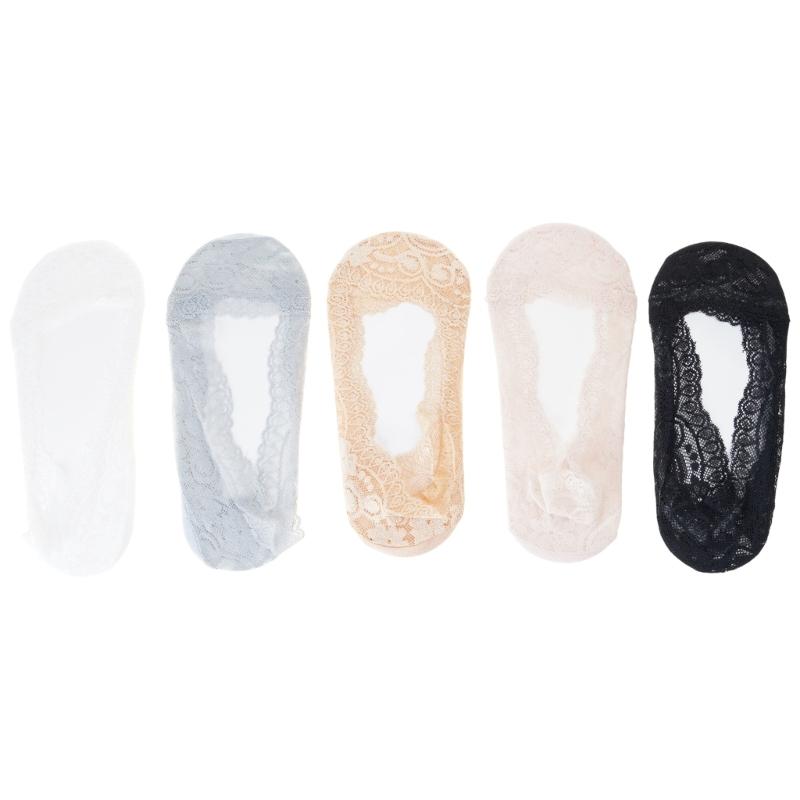 5 Pairs Breathable Ice Silk Invisible Socks For Women Antislip Lace Low Cut Socks Casual Shoes Accessories