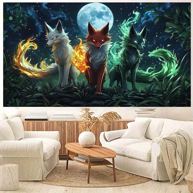 2D Elemental Fire Green Ice Fox Fantasy Photo Backdrop 47.2x31.5inch/120*80cm
