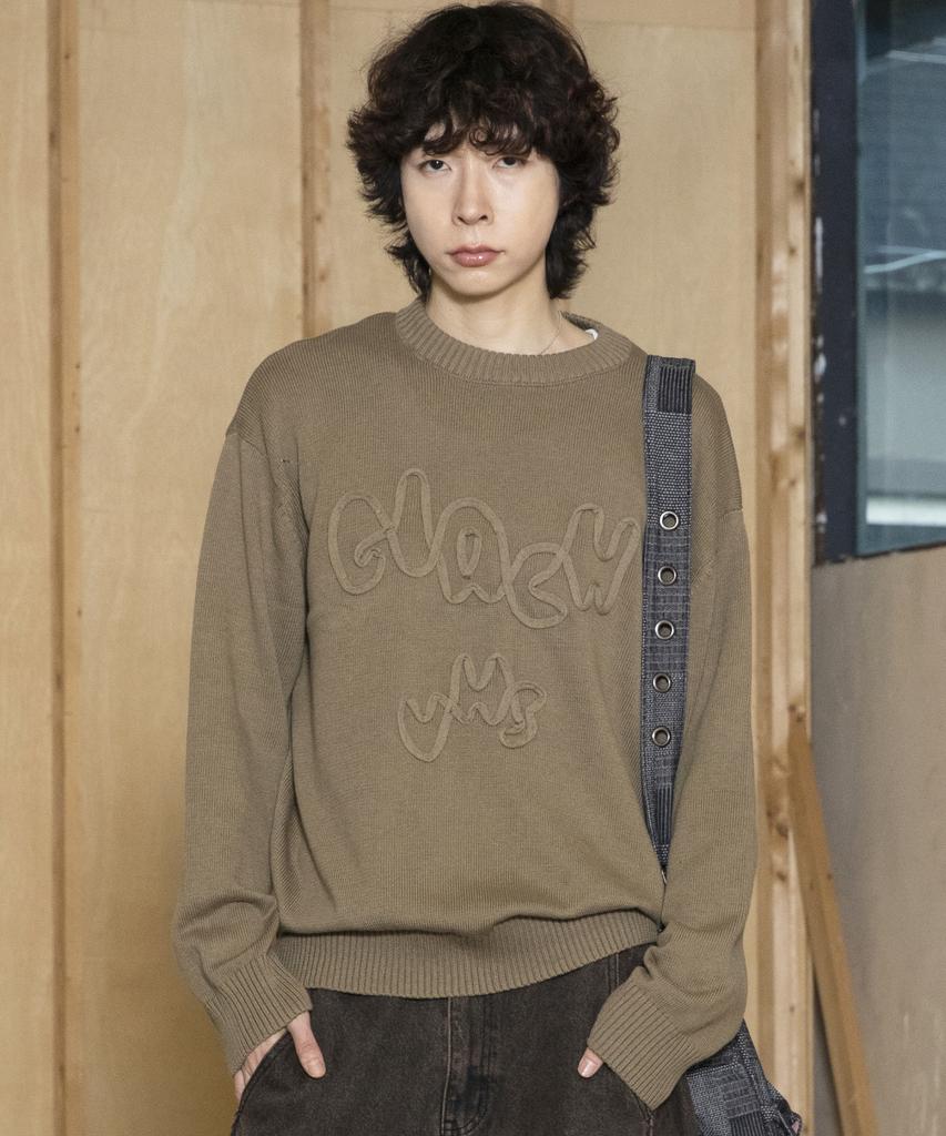 GLACK Gnt070 Vhs Line Embroidery Crew Neck Knit (Olive)