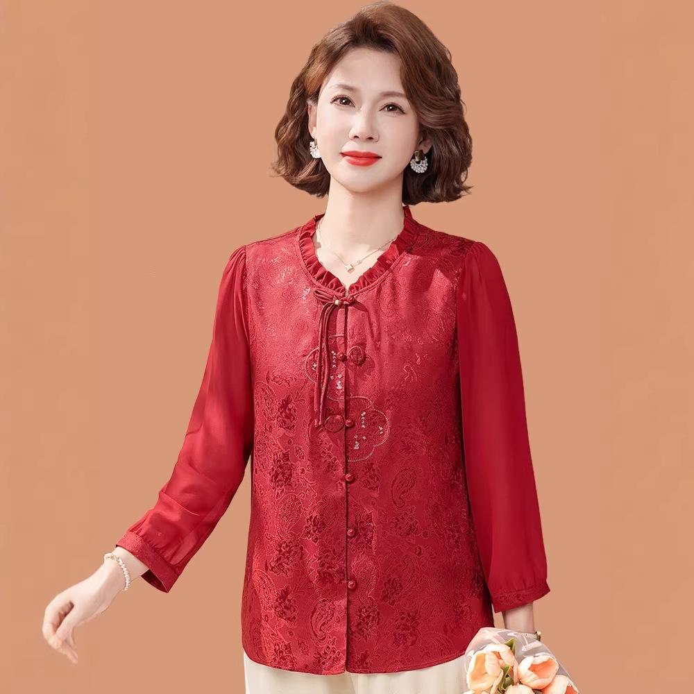 Chiffon Shirt for Stylish Moms - Elegant Mid-Age Spring Clothing with Gauze Sleeves, New Chinese National Style Top for Spring/Summer