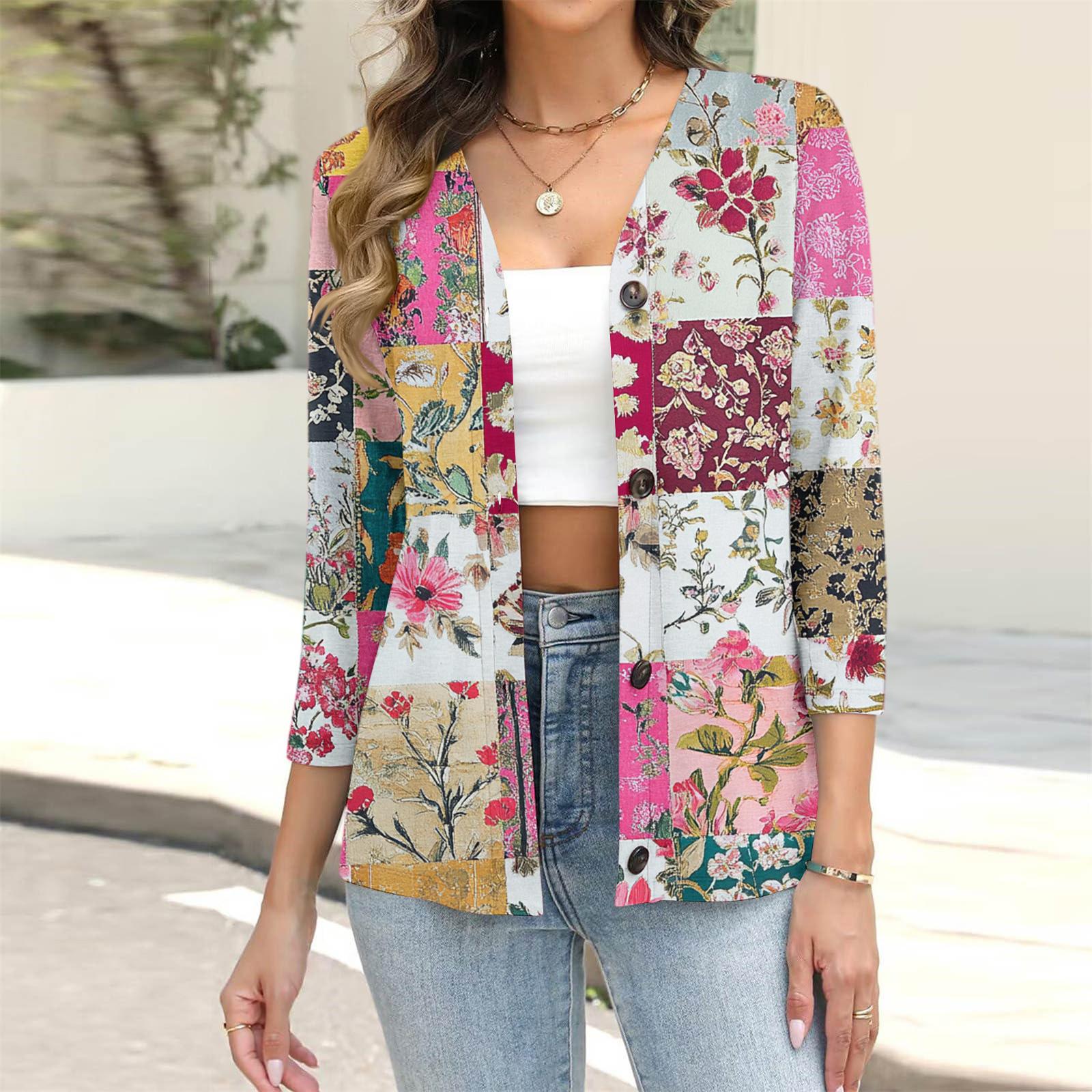 

Женский повседневный модный кардиган с цветочным принтом, на пуговицах, с рукавом 3/4 XL киноварь