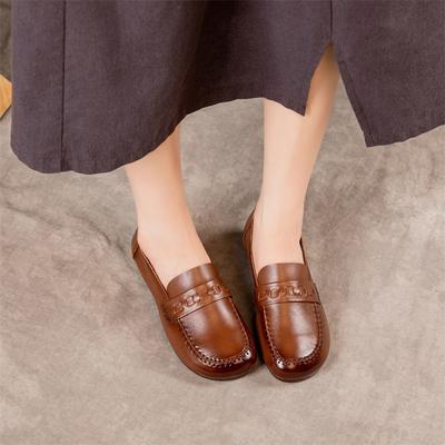 Spring Mother Shoes First Layer Cowhide Flat Bottom Hand-woven Retro Ethnic Soft Bottom Soft Surface Medium and Old Women's Shoes