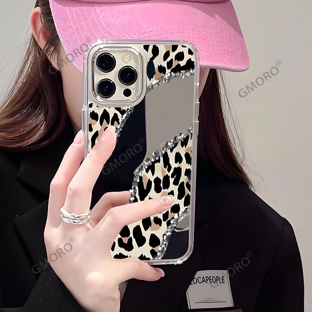 European and American broken diamond leopard print iphone17 mirror mobile phone case Apple 16promax advanced sense mirror mobile phone case 14