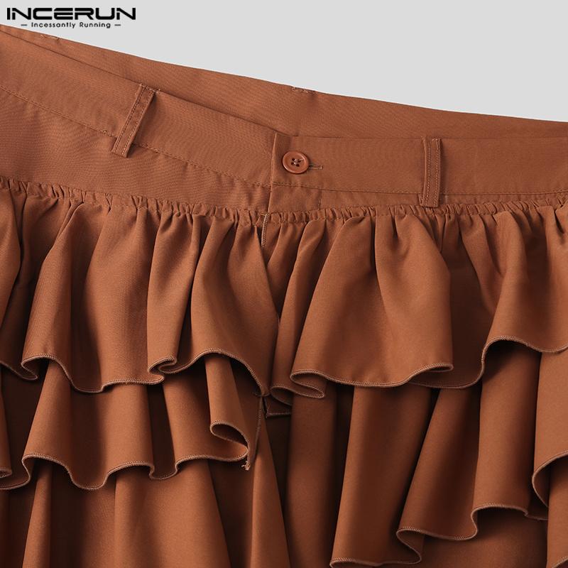 INCERUN Men Zipper Waist Irregular Ruffled Layers Casual Capri Pants