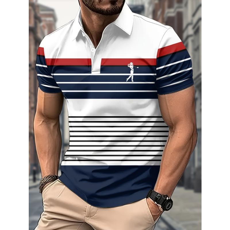 Men's Short Sleeve Shirt Casual 3D Printed Golf Shirt, Navy Blue Khaki Striped Design Golf Sports Pattern, Sports Style