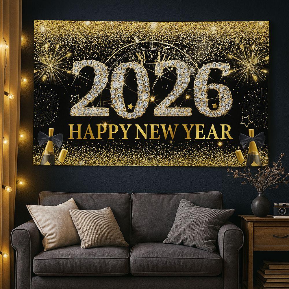 Black Gold 2026 New Year Backdrops Colorful Balloon Celebration Banner  Indoor Wall