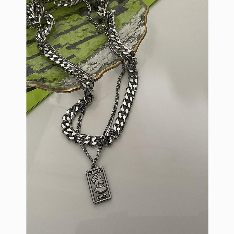 Handcrafted Titanium Steel Layered Necklace With Coin Motif For Men And Women