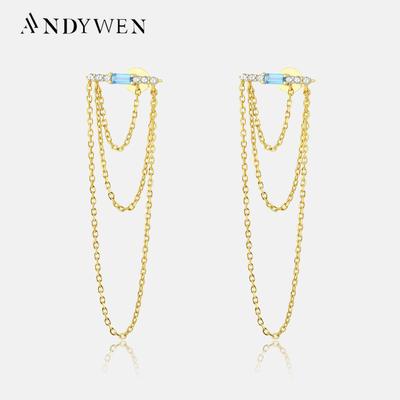 925 Sterling Silver Stylish Gorgeous Sterling Silver Gold-Plated Zircon Multi-Chain Earring Ladies Luxury Fine Jewelry