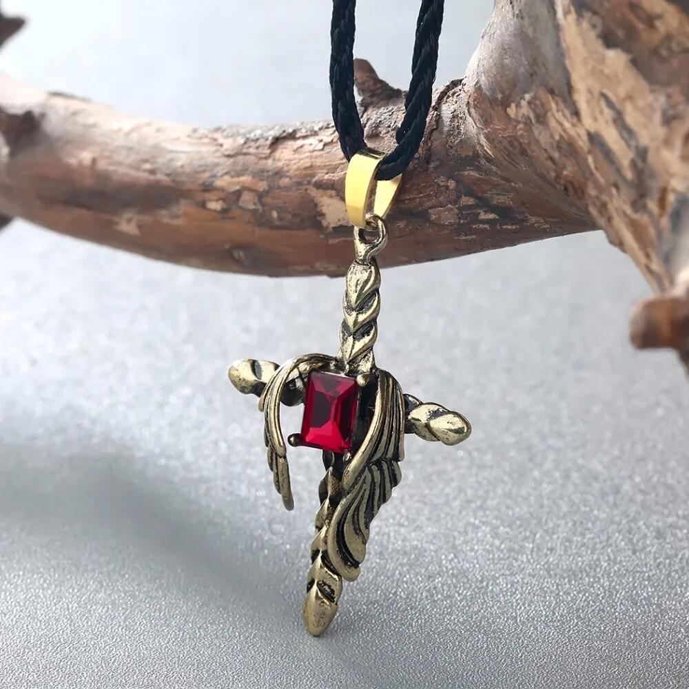 Kinitial Gothic Punk Style Red Cubic Zirconia Inlay Dragon Cross Wings Pendant Necklace for Men Charm Choker Jewelry