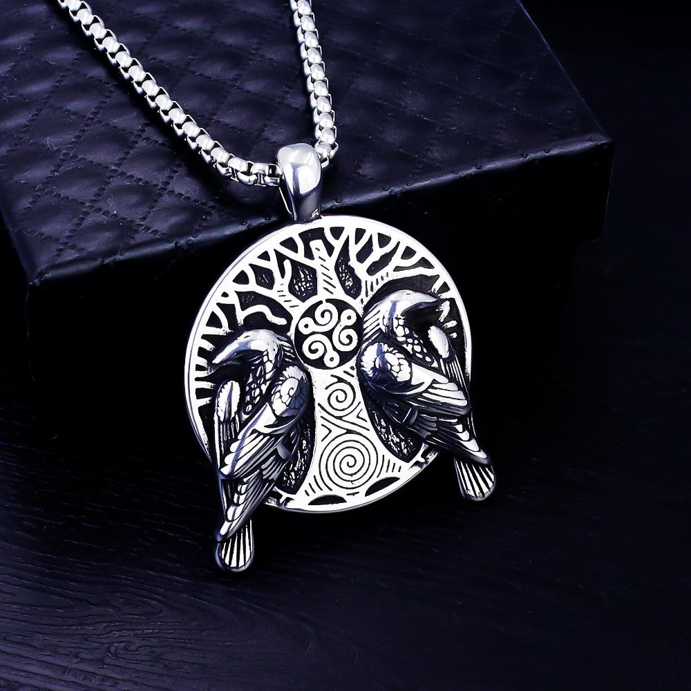 European Viking Titanium Steel Rune Necklace with Stainless Steel Spearhead and Compass Pendant