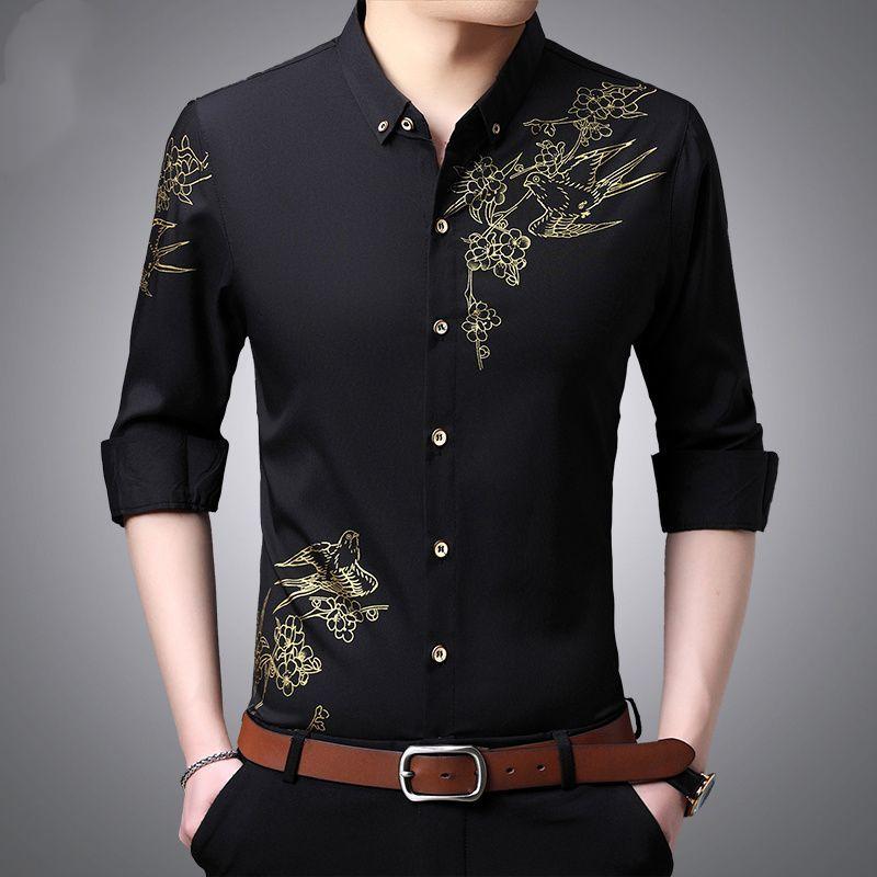 Spring Thin New Long-sleeved Shirt for Men's Printed Lapel Thin Iron-free Casual Business Large Size