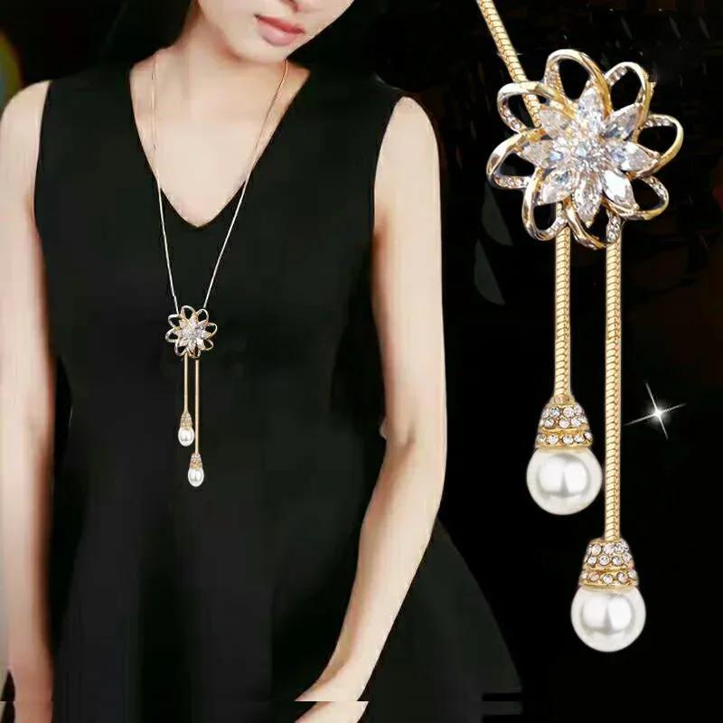 Snowflake Pink Zircon Long Necklace Sweater Chain Fine Metal Cute Crystal Rhinestone Opal Flower Pendant Necklaces Adjustable золотой