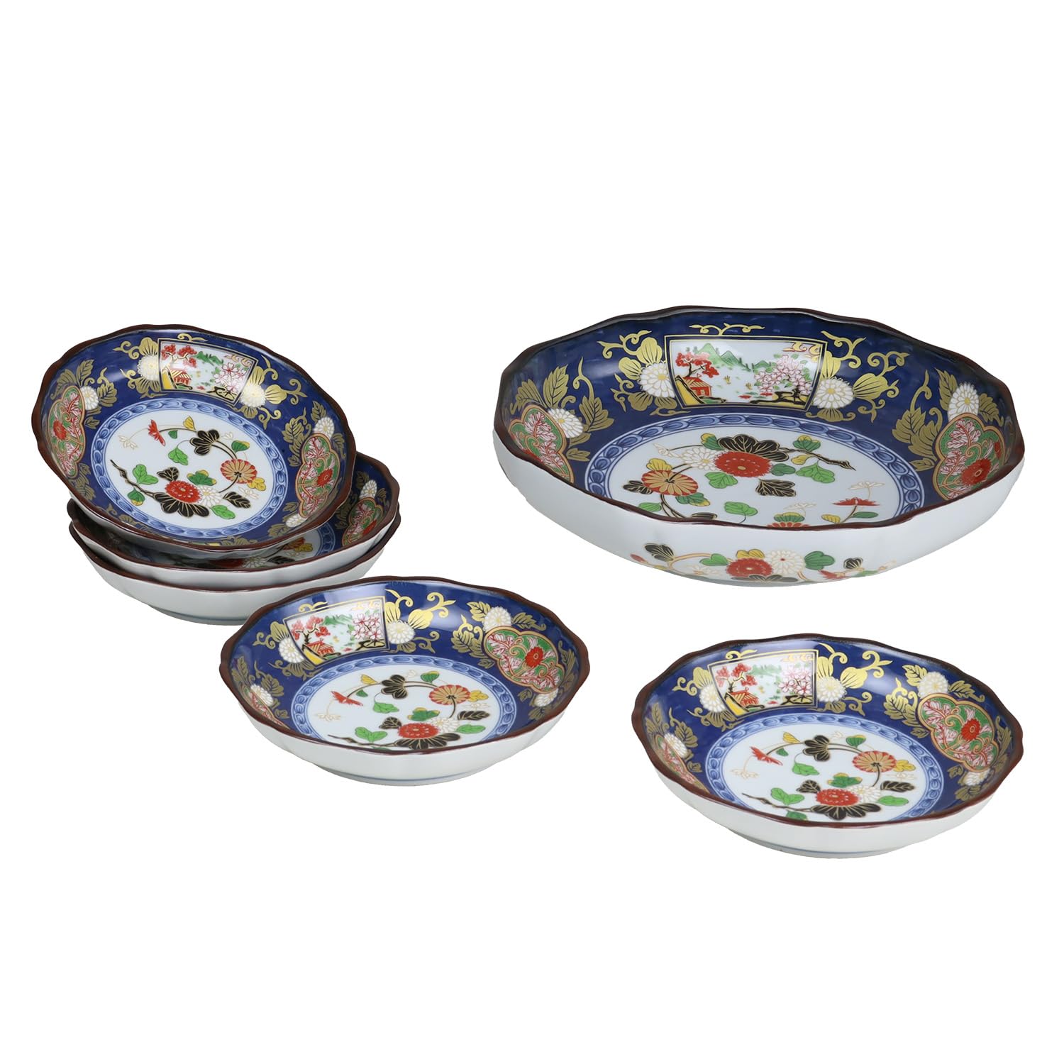 Yuki Roman  Old Imari Style Presentation Set: 1 Eight-Inch Serving Plate and 5 Small Plates, featuring Old Imari patterns, lavish and gorgeous. [Arit