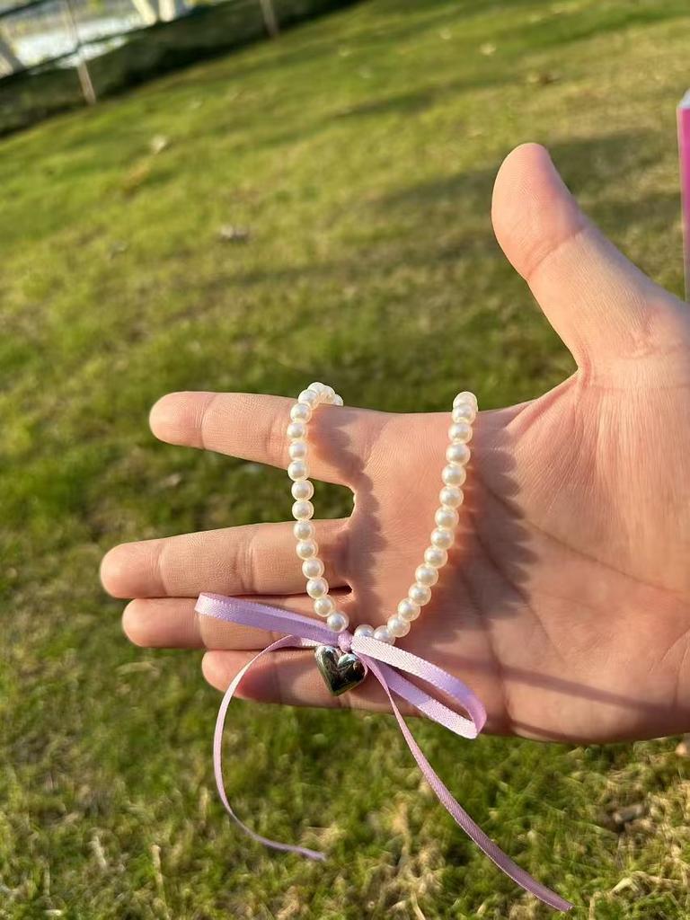 Korean Romantic Imitation Pearl Beaded Choker Heart-Shaped Pendant Necklace Banquet Wedding Jewelry