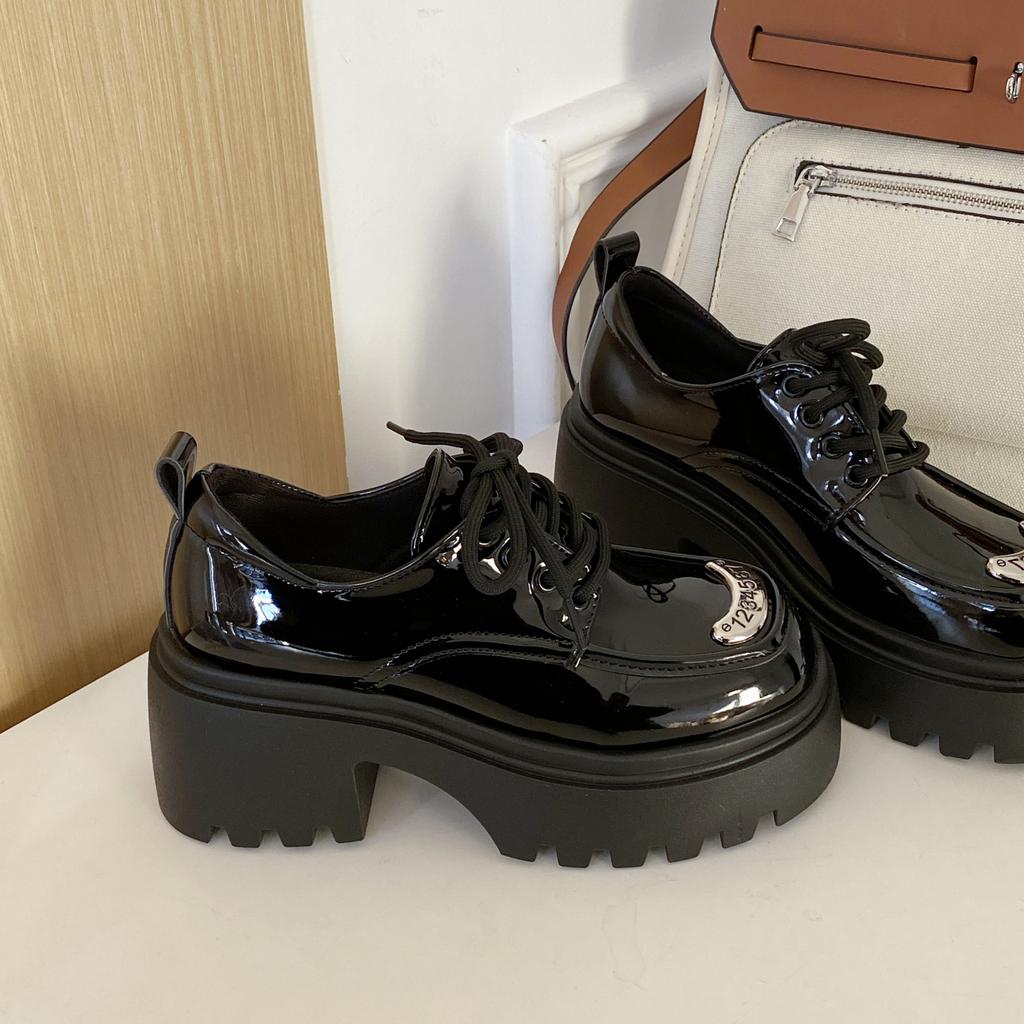 Shoe Shoes for Women Loafers High Sense  Commuting Leather Round Head Shoes Black Thick Soled Casual Leather Shoes