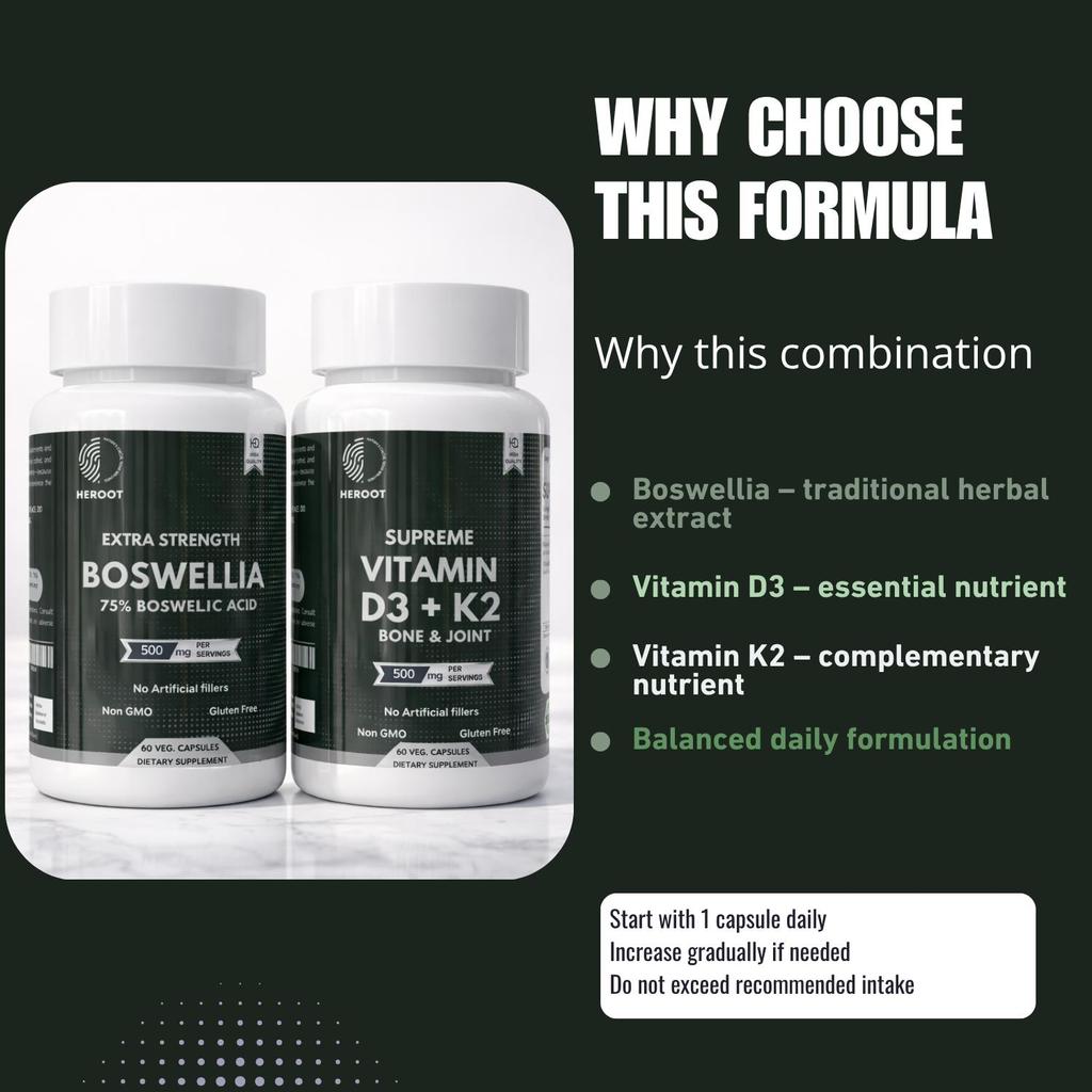 Heroot Gelenkwohlbefinden Kapsel-Kombi | Boswellia-Extrakt & Vitamin D3 + K2