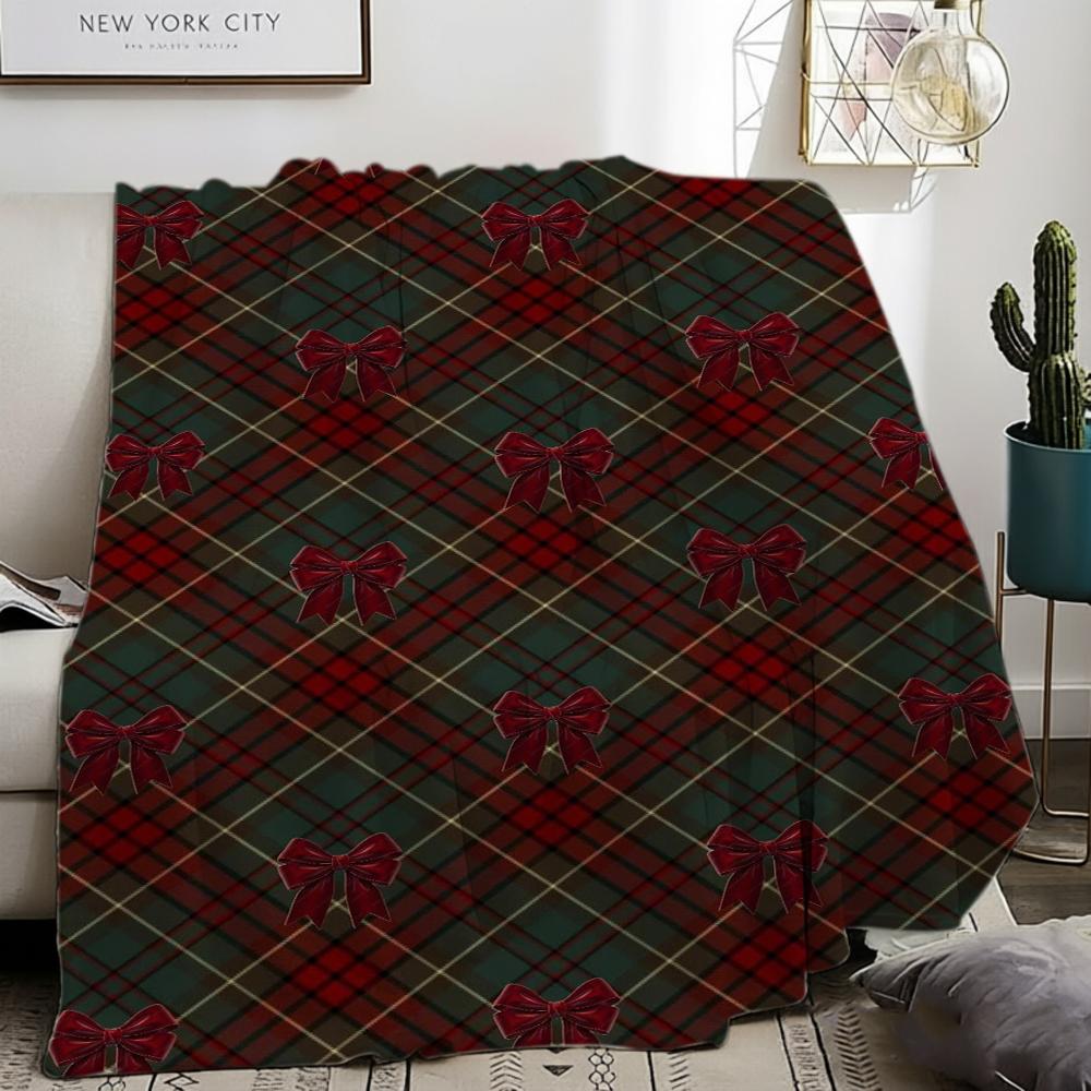 Christmas Plaid Blanket Red Ribbon Bow Knot Throw Blankets Green Checkered Bed Sofa Cover Winter Holiday Home Decoration