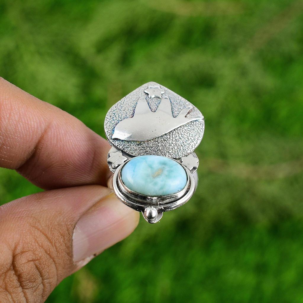 Gift For Her Natural Larimar Solitaire Bird Adjustable Ring 925 Silver