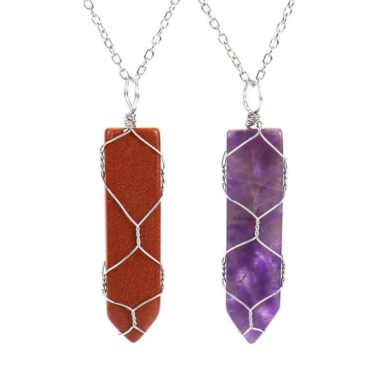 Handmade Sword-Shaped Amethyst Agate Crystal Mesh Bag Pendant Necklace