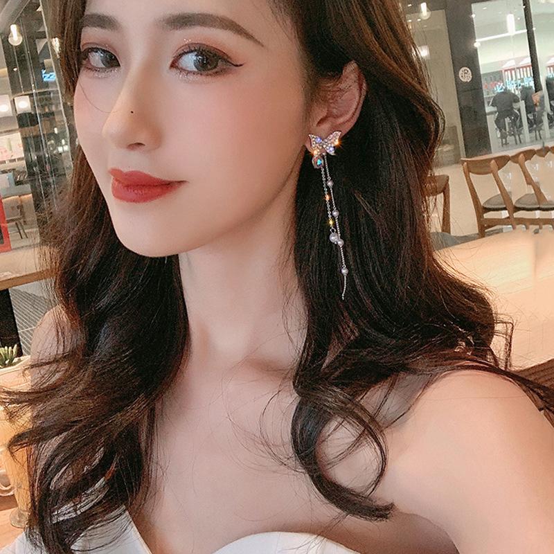 Sweet Butterfly Earrings High Sense Celebrity Style Long Style Pearl Tassels Show Face Thin Crystal Earrings Women's Ornament